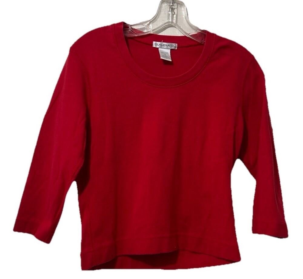 Vintage 70s 80s Claudia D red cotton top round neck 3/4 sleeves Size M Cotton